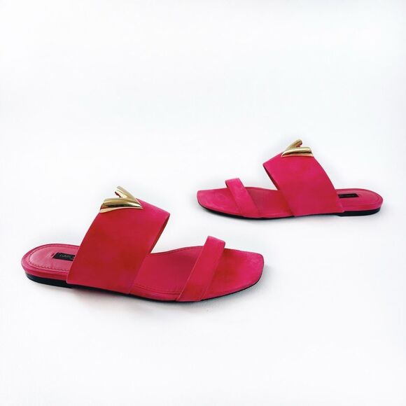 LOUIS VUITTON Pink Bayfront Slide Sandals 39 US 8.5 Gold Logo Suede Flat Mules - Picture 7 of 12